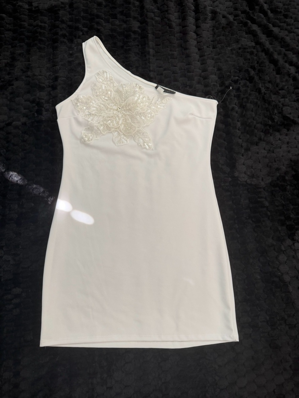 One-Shoulder White Dress with Beaded Floral Applique